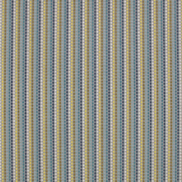 Muted teal, grey, cream and ochre woven stripes with tiny geometric motifs