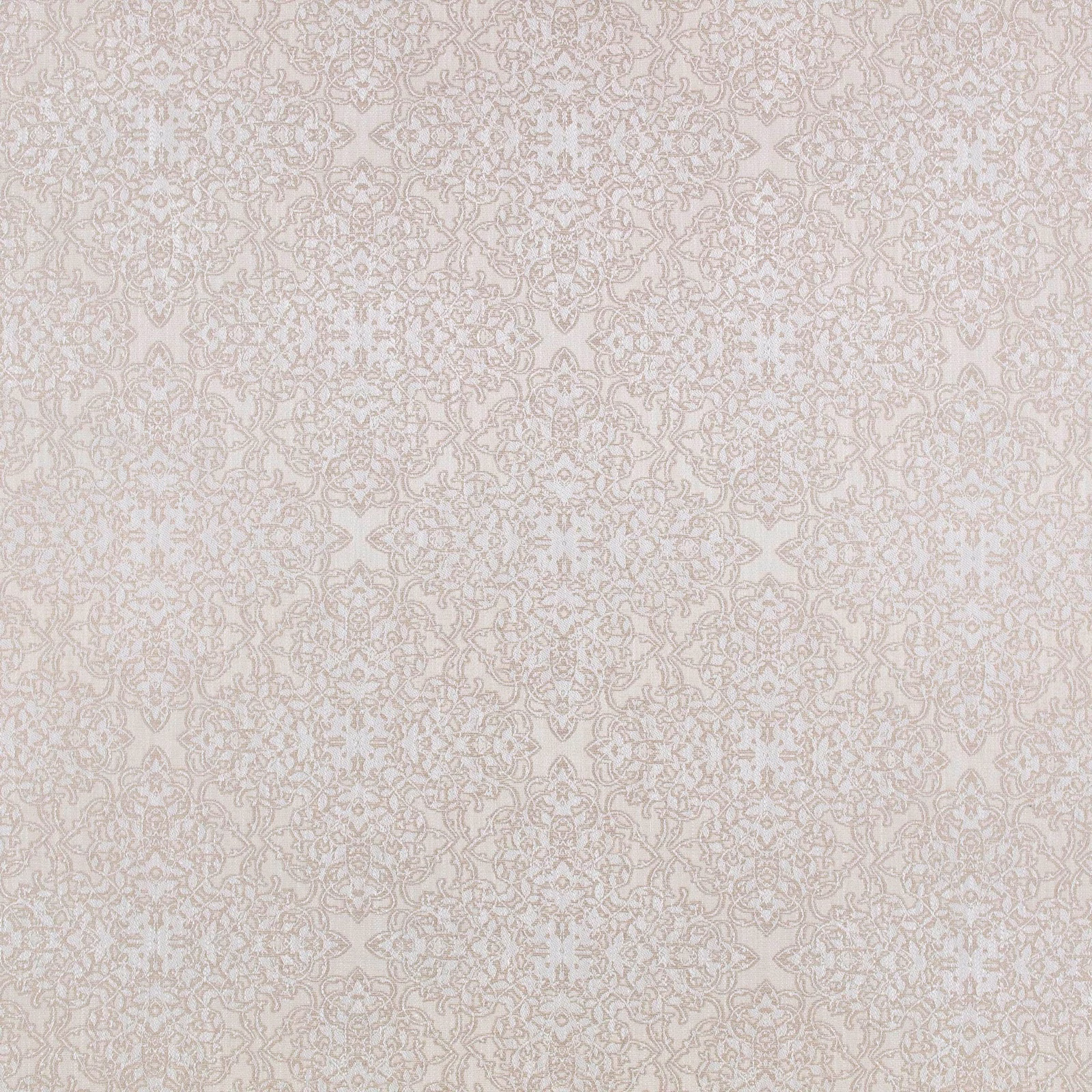 Pale blush-cream textile with fine taupe damask curls and floral tracery