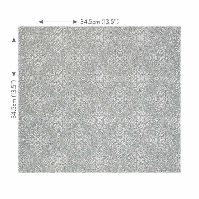 Pale grey-sage fabric with dense small damask motifs and a softly textured surface