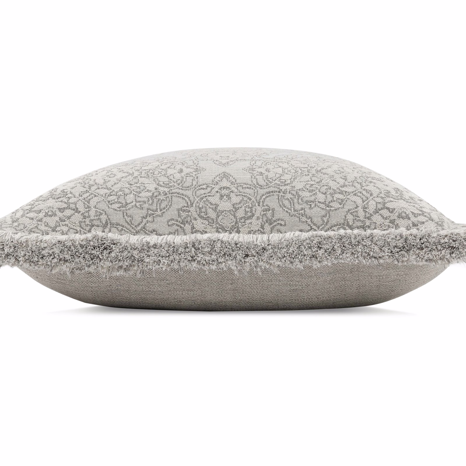 Pale grey damask cushion fabric with a nubby edge and plain woven underside