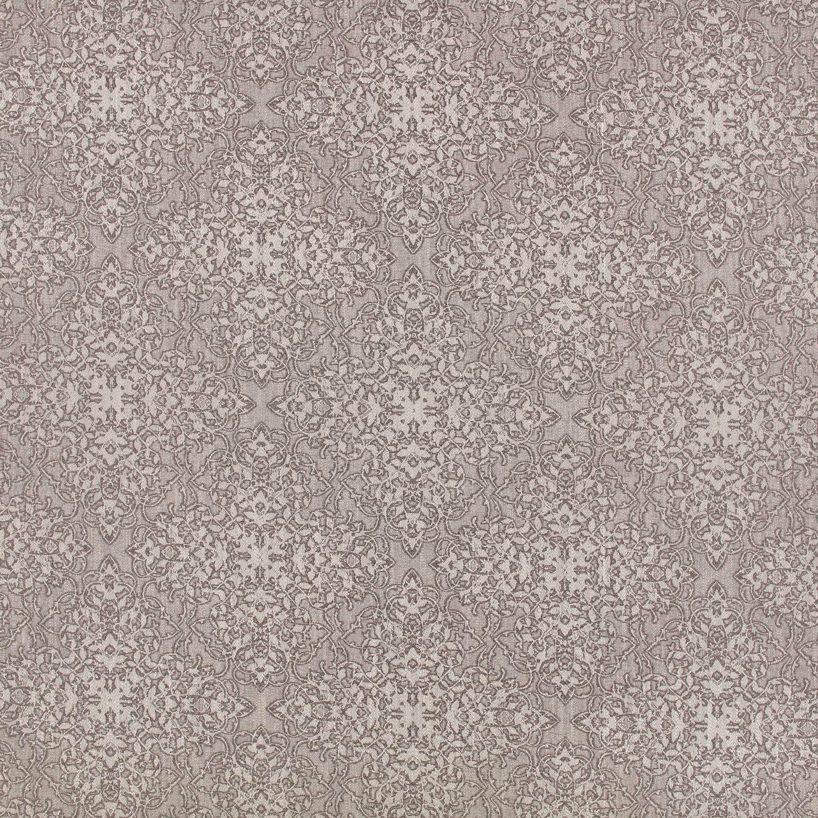 Cool pewter taupe damask fabric with intricate grey scrolling motifs and fine texture