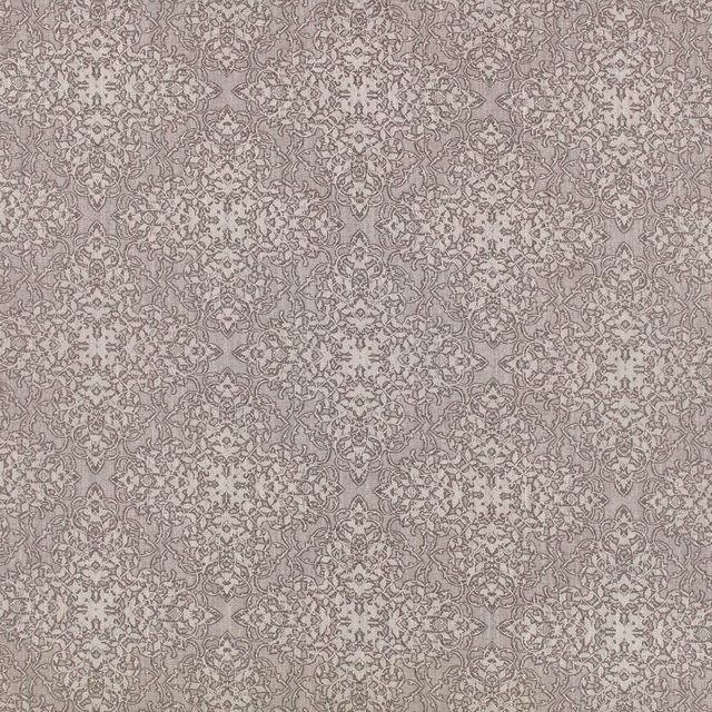 Cool pewter taupe damask fabric with intricate grey scrolling motifs and fine texture