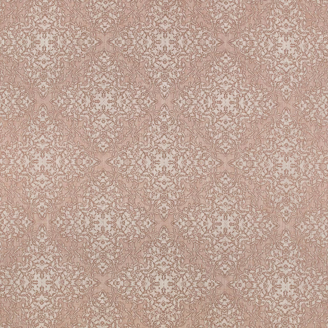 Dusty blush-pink Aletta Sakura fabric with fine taupe scrolling damask detail