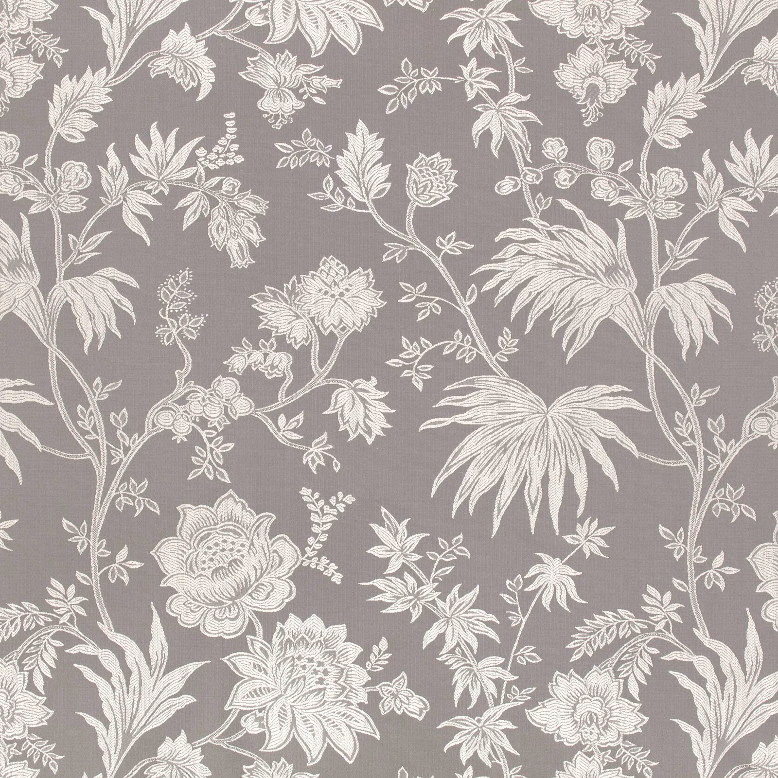Dove-grey jacquard with ivory climbing flowers, leaves and finely woven texture