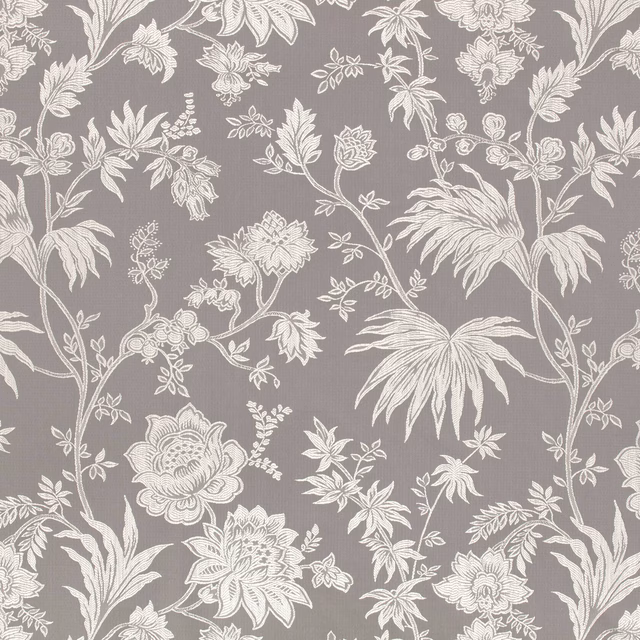 Dove-grey jacquard with ivory climbing flowers, leaves and finely woven texture