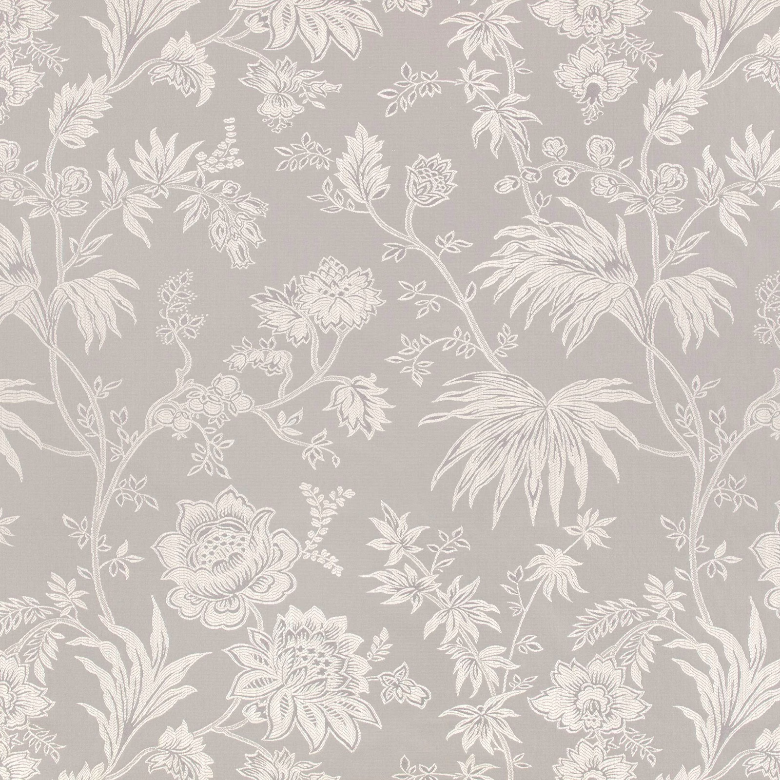 Cool taupe-grey jacquard with ivory flowers, curling stems and feathery leaves