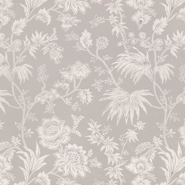 Cool taupe-grey jacquard with ivory flowers, curling stems and feathery leaves