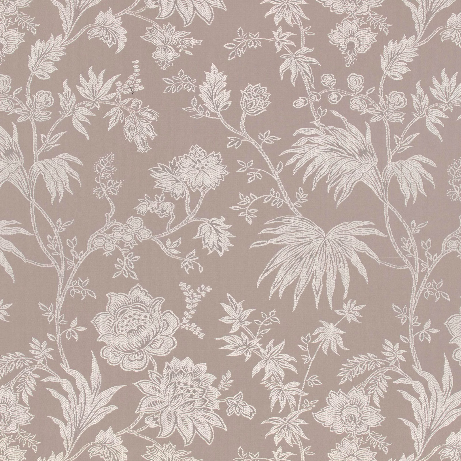 Silver taupe jacquard with ivory scrolling stems and varied floral blooms