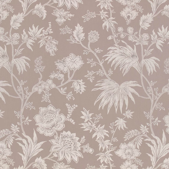 Silver taupe jacquard with ivory scrolling stems and varied floral blooms