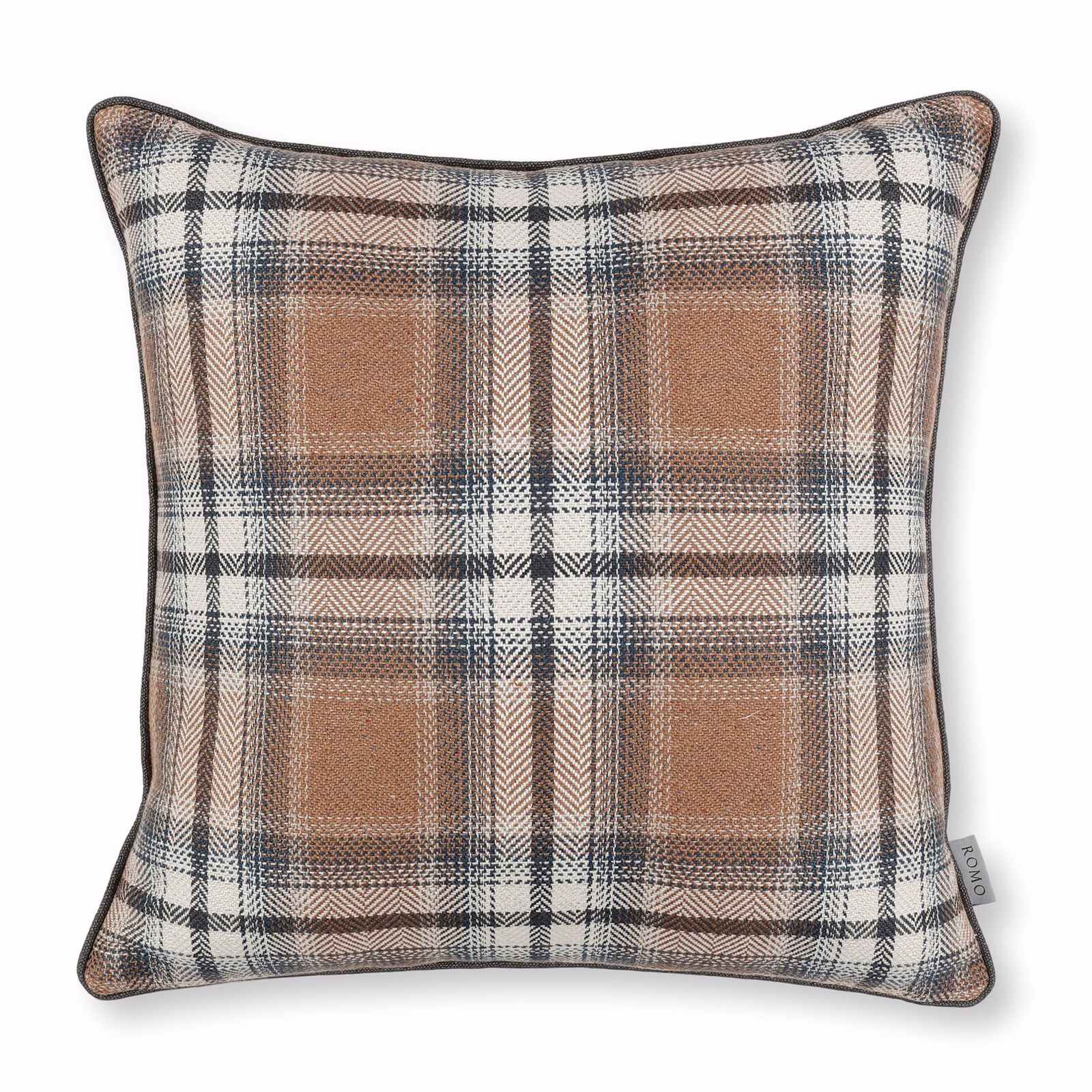 Warm ginger plaid cushion with cream checks, charcoal lines and visible woven texture