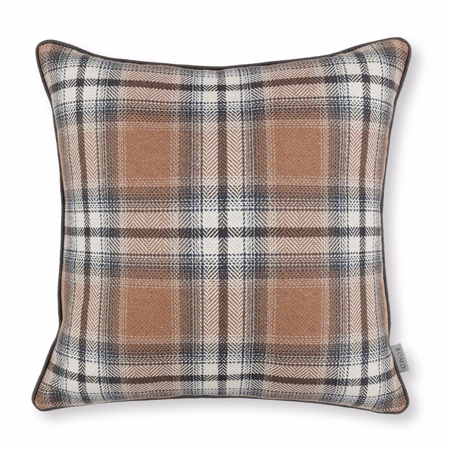 Warm ginger plaid cushion with cream checks, charcoal lines and visible woven texture