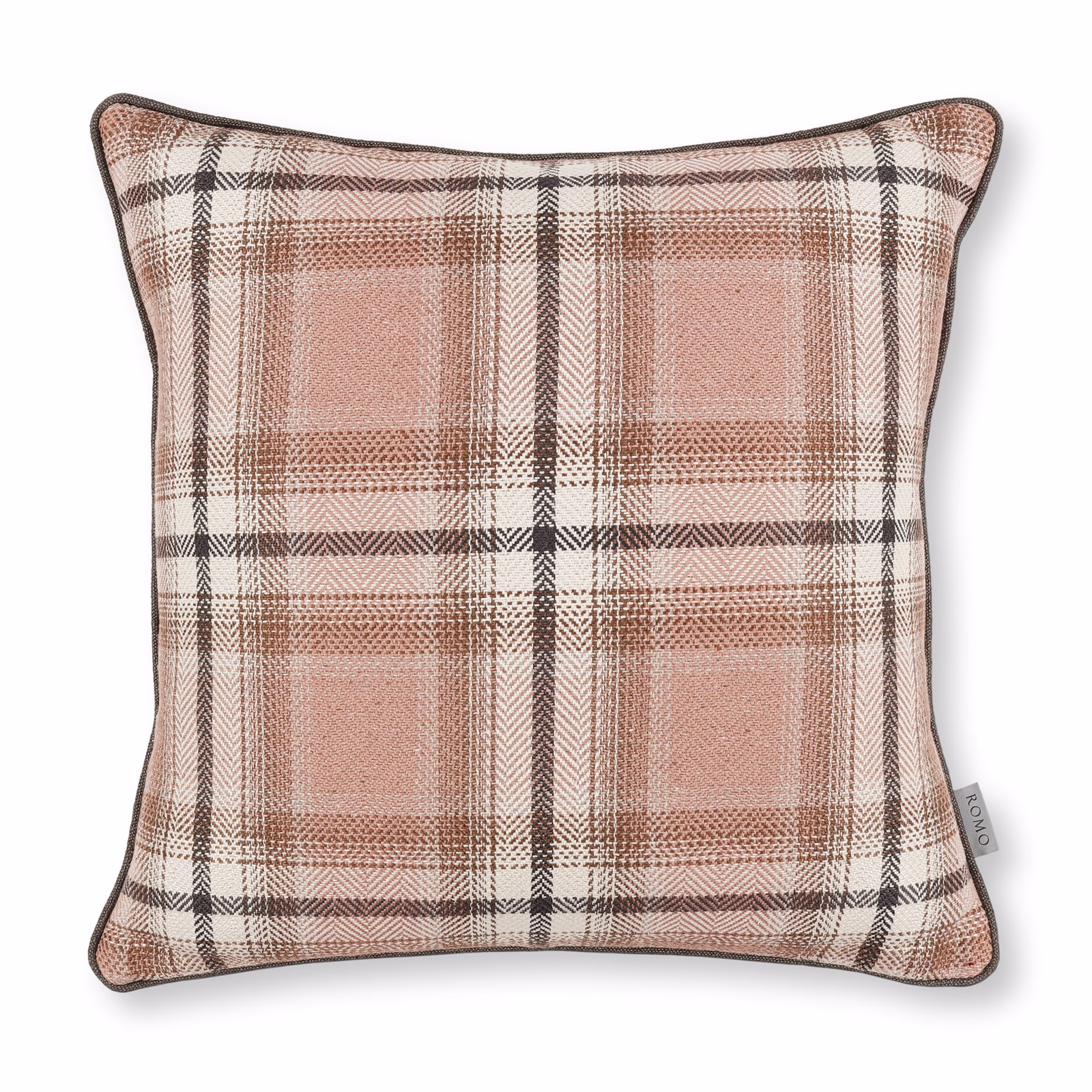 Muted sakura-pink plaid cushion with taupe, brown and charcoal woven lines