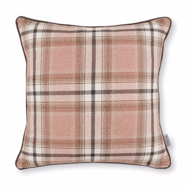 Muted sakura-pink plaid cushion with taupe, brown and charcoal woven lines