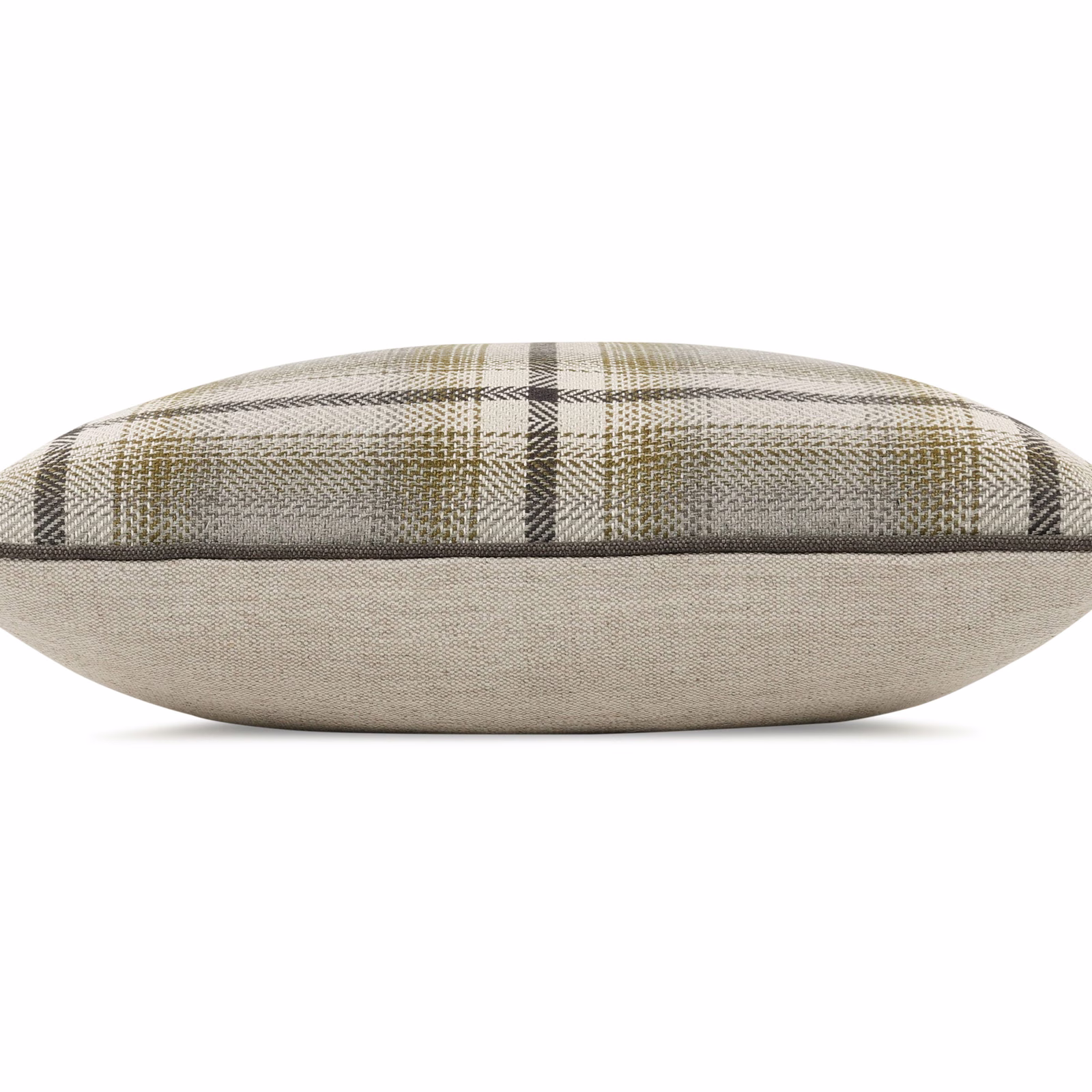 Muted silver-blue plaid cushion with taupe lines and a plain oatmeal base