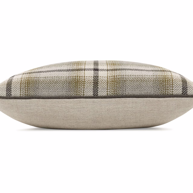 Muted silver-blue plaid cushion with taupe lines and a plain oatmeal base
