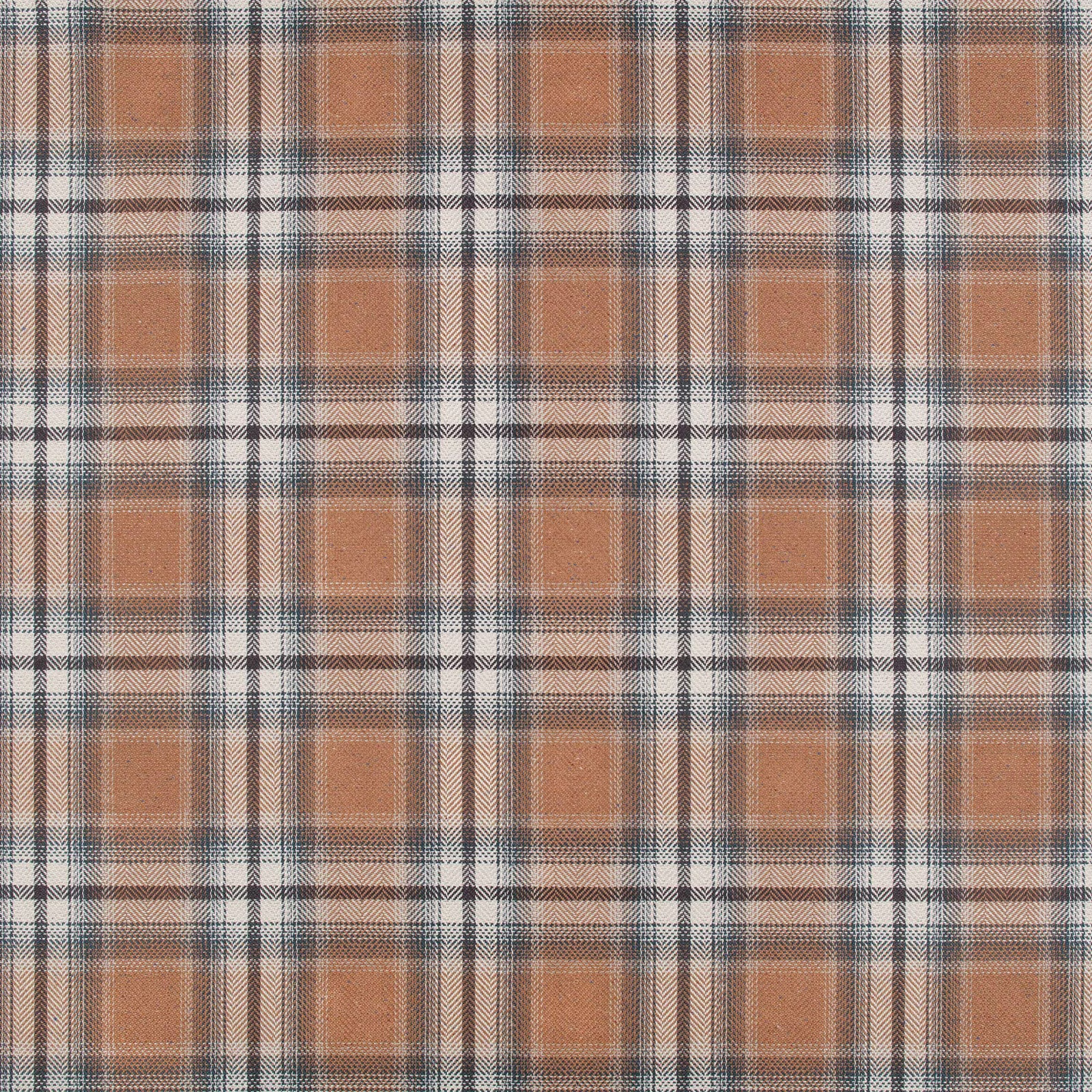 Warm ginger plaid swatch with cream bands, charcoal lines and a softly textured surface