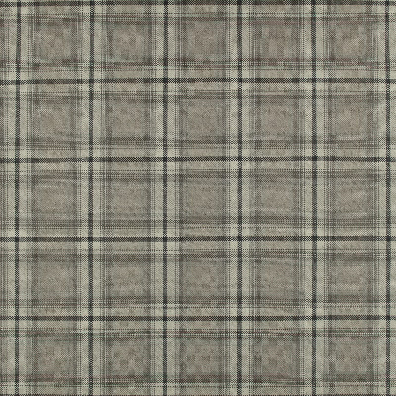 Warm husk-beige woven plaid with charcoal lines and softly blurred grey checks
