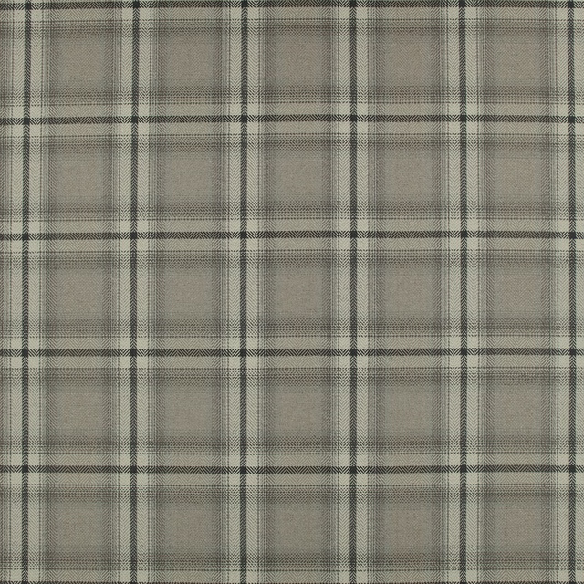 Warm husk-beige woven plaid with charcoal lines and softly blurred grey checks