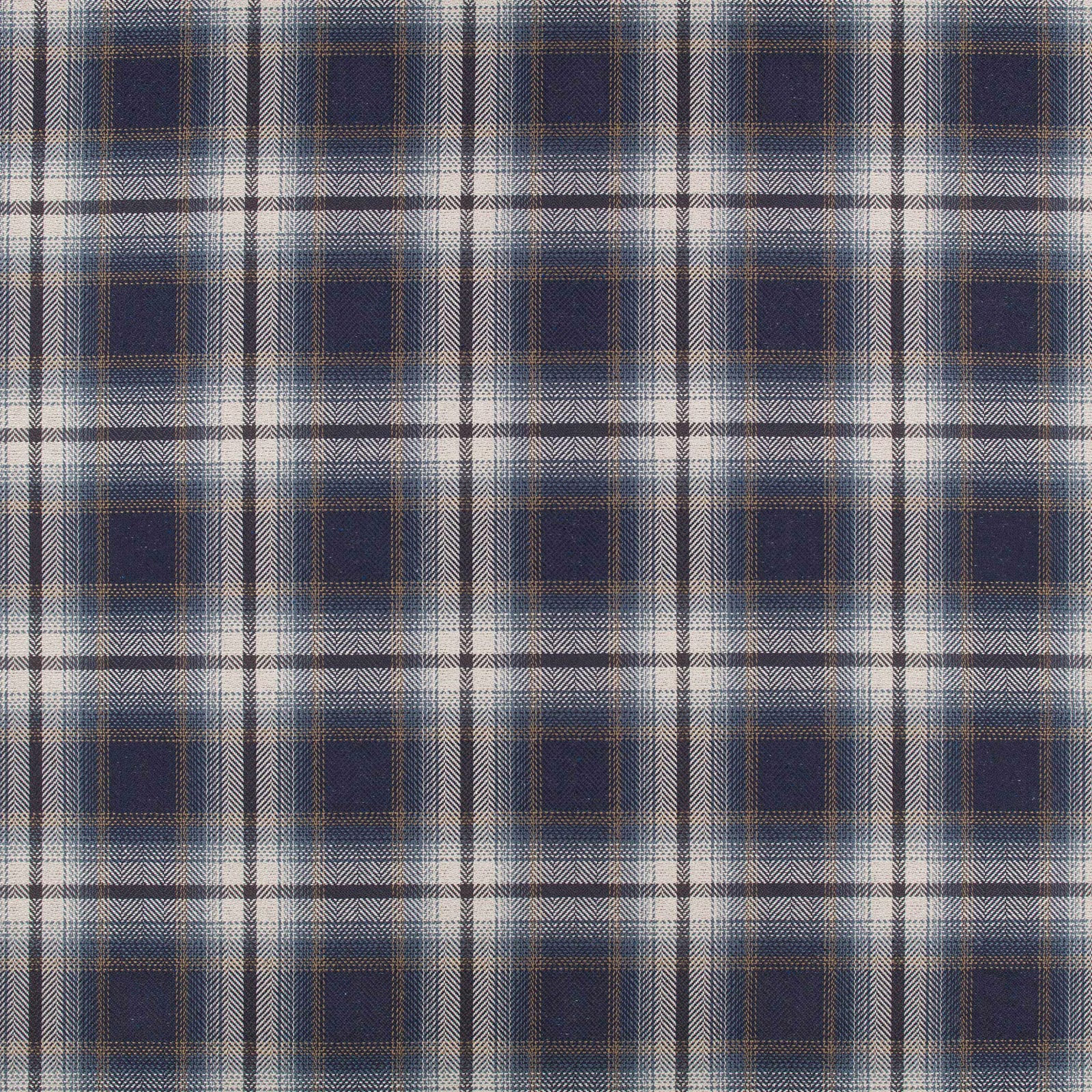 Deep indigo check fabric with cream, taupe and grey crosshatched woven lines