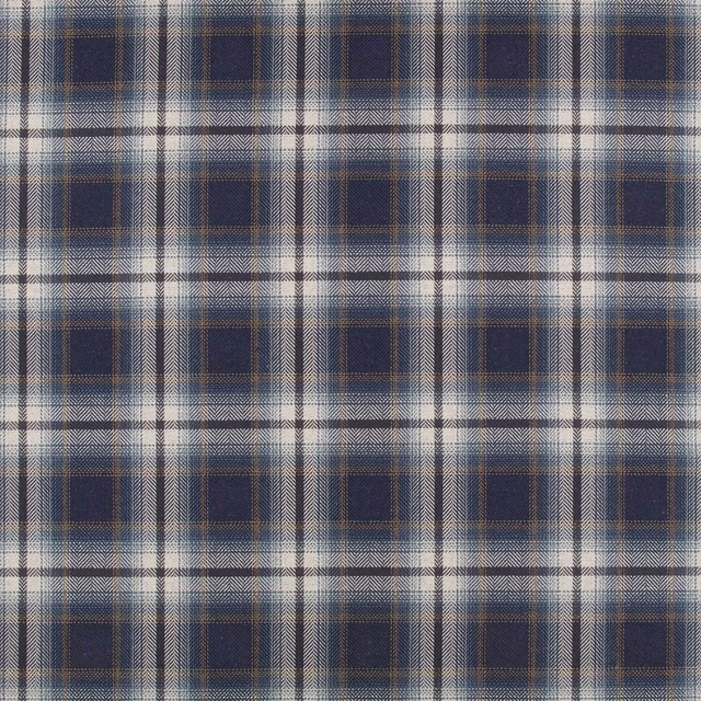 Deep indigo check fabric with cream, taupe and grey crosshatched woven lines