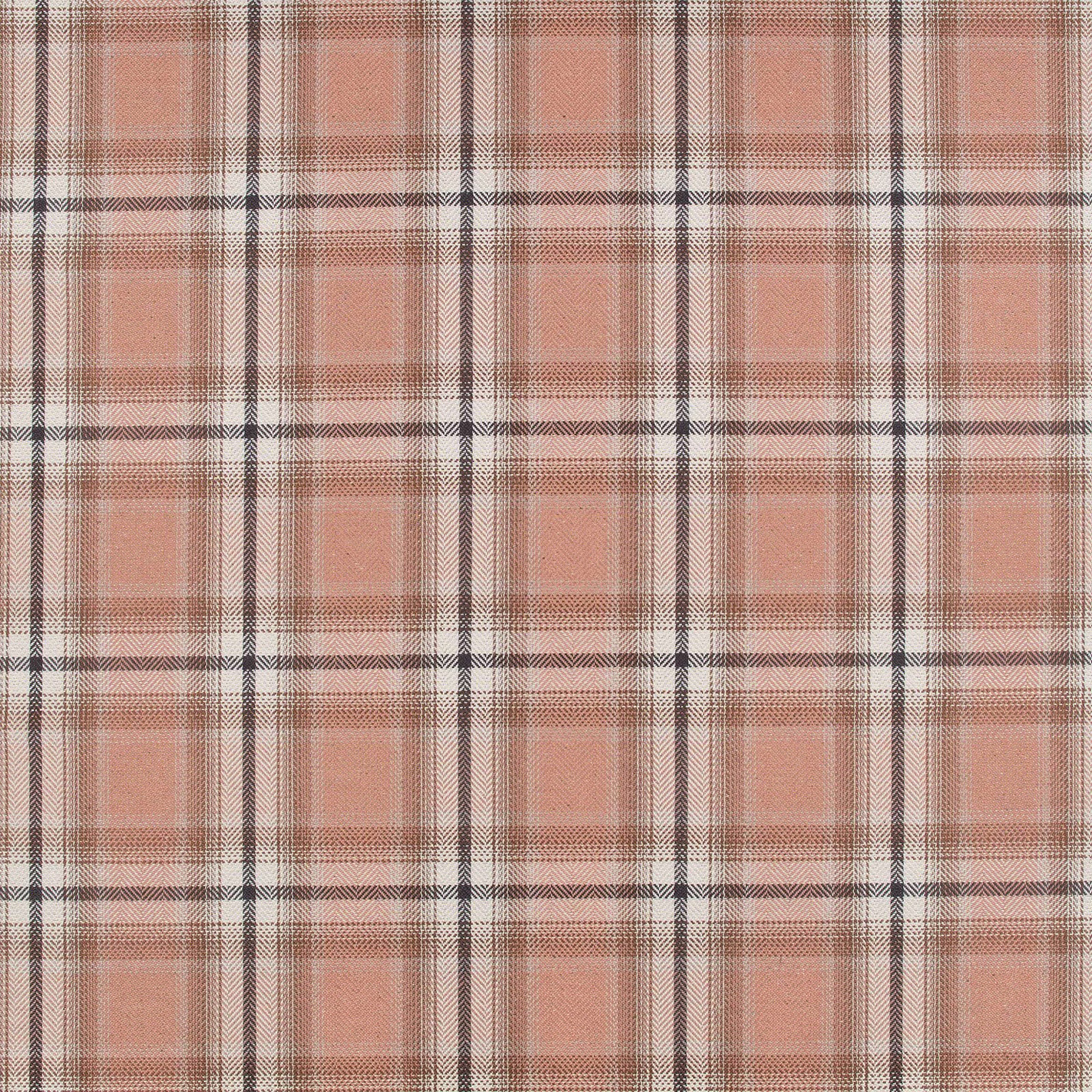 Dusty salmon-pink plaid fabric with cream overchecks and charcoal lines