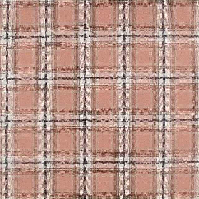 Dusty salmon-pink plaid fabric with cream overchecks and charcoal lines