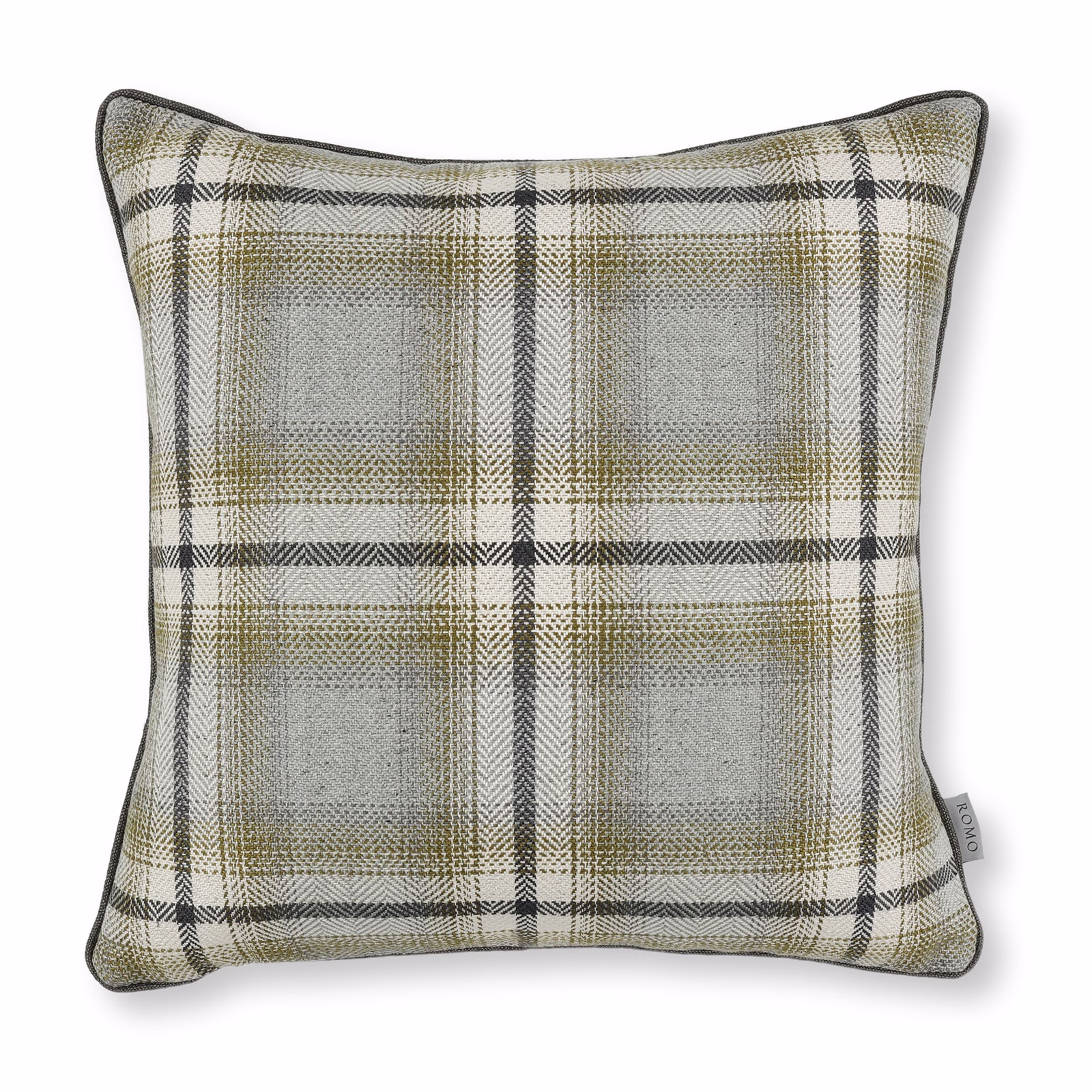Silver-blue woven plaid with olive bands and charcoal checks on a tailored cushion