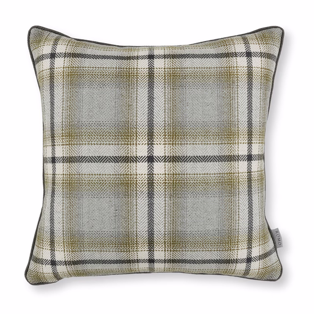 Silver-blue woven plaid with olive bands and charcoal checks on a tailored cushion