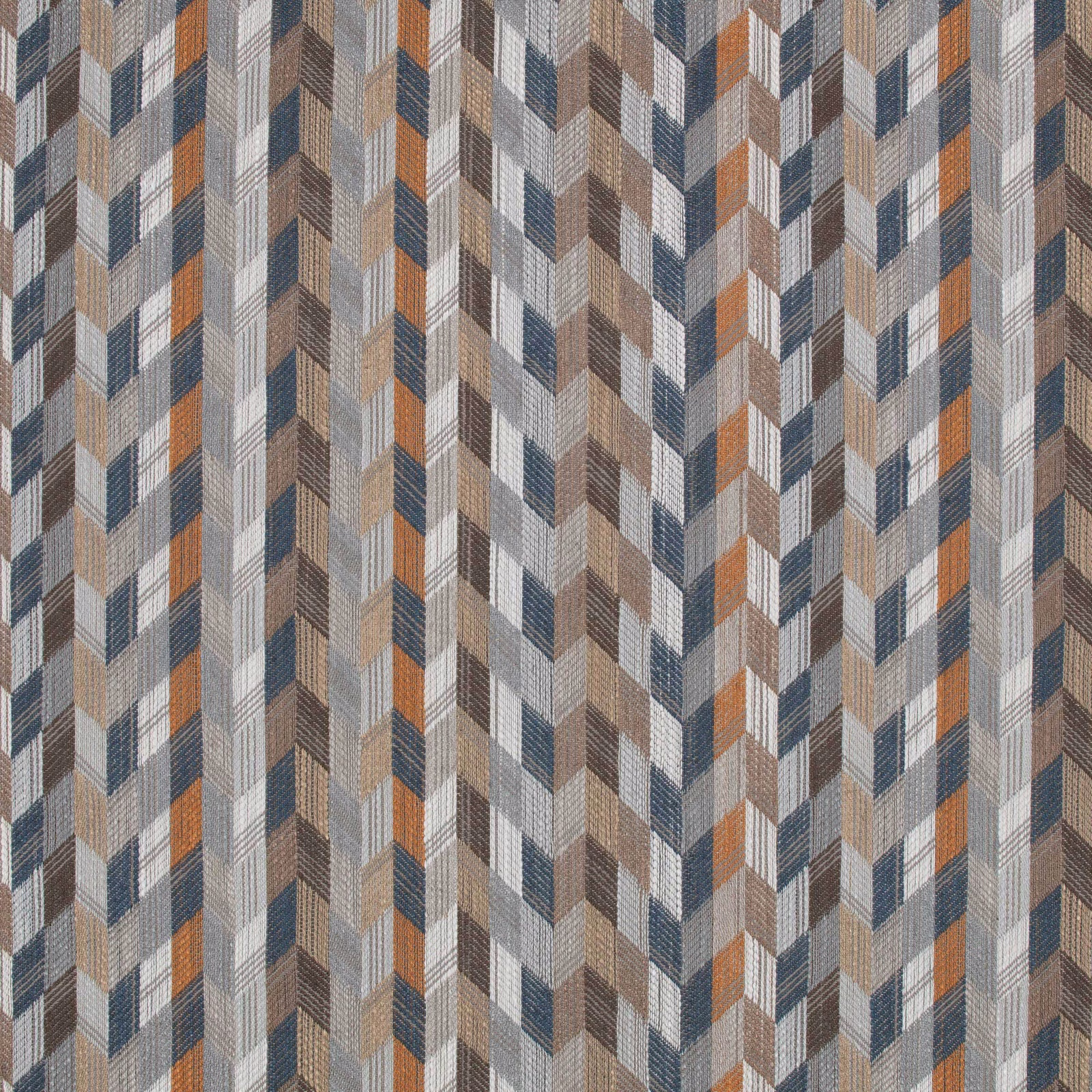 Cinnamon, slate and cream woven fabric with repeating angled chevron blocks