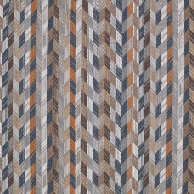 Cinnamon, slate and cream woven fabric with repeating angled chevron blocks