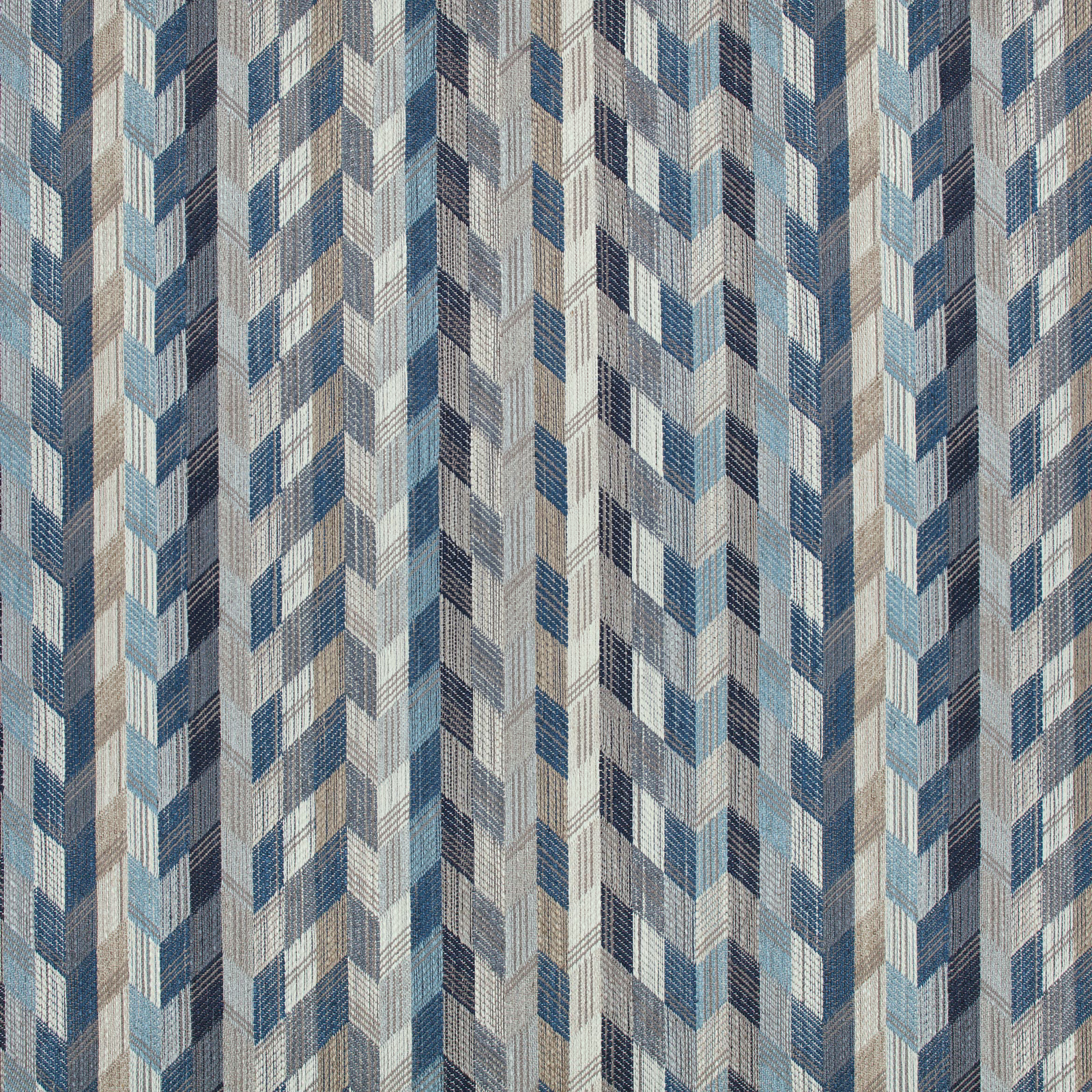 Cool indigo, pale blue and grey chevrons in a finely textured woven fabric