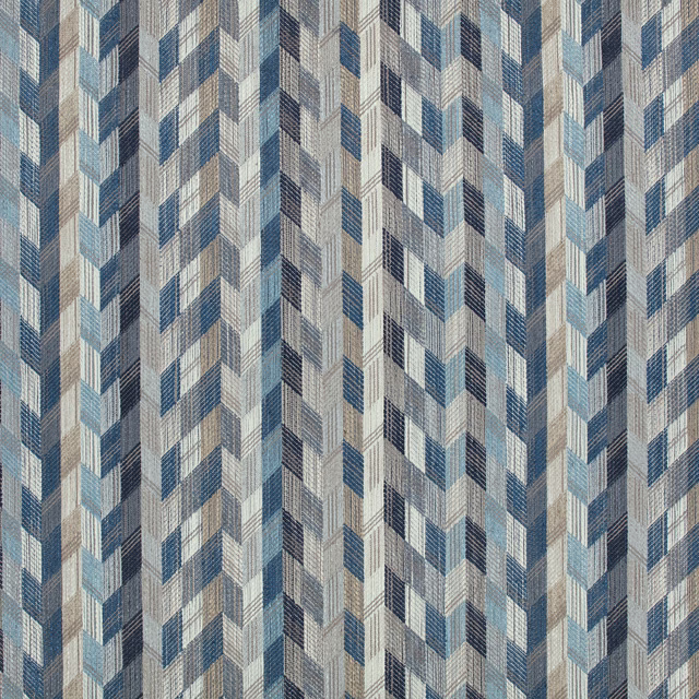 Cool indigo, pale blue and grey chevrons in a finely textured woven fabric