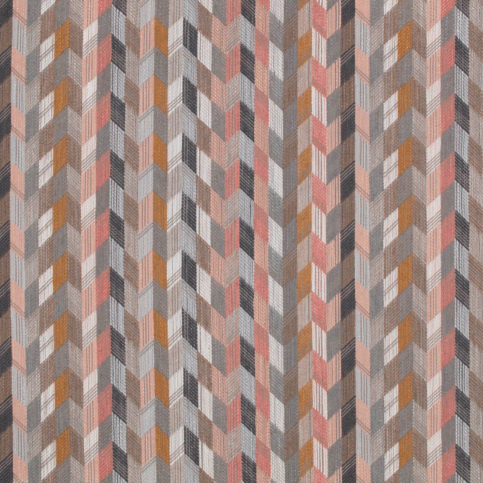 Close-up of Etto Sorbet fabric showing grey, blush, ochre and terracotta chevrons