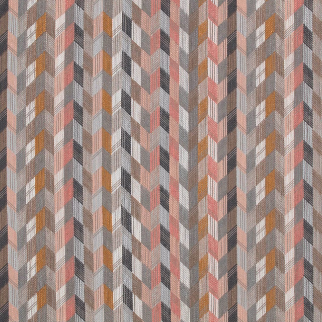Close-up of Etto Sorbet fabric showing grey, blush, ochre and terracotta chevrons