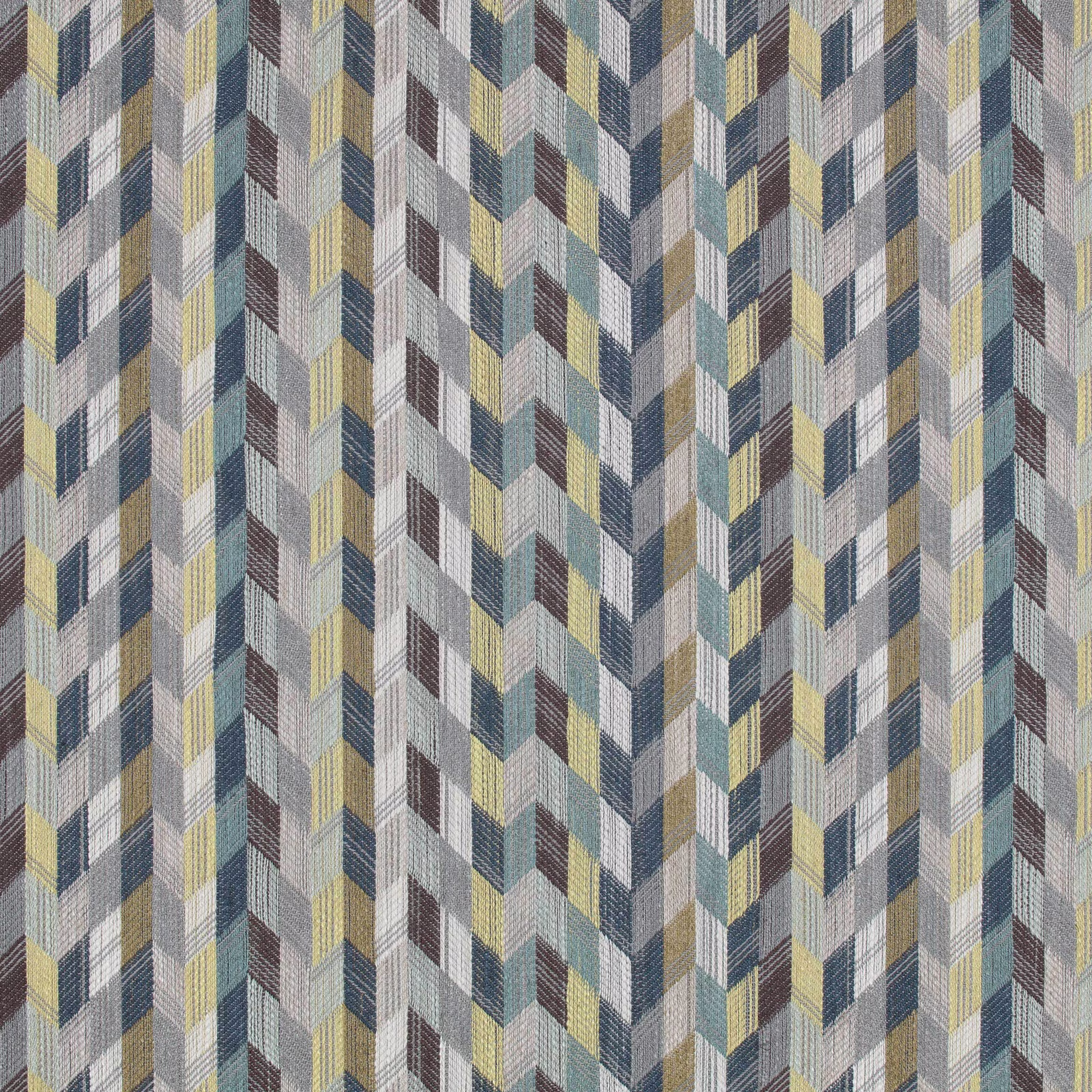 Etto Verde woven fabric with muted sage, blue, cream and ochre chevrons