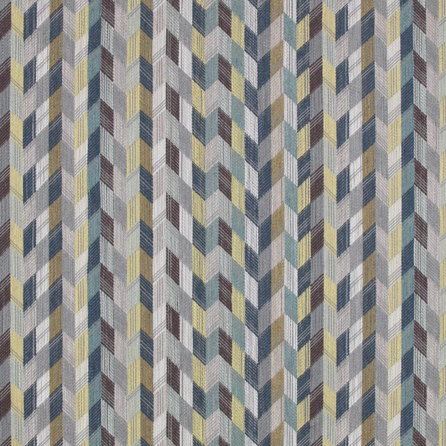 Etto Verde woven fabric with muted sage, blue, cream and ochre chevrons