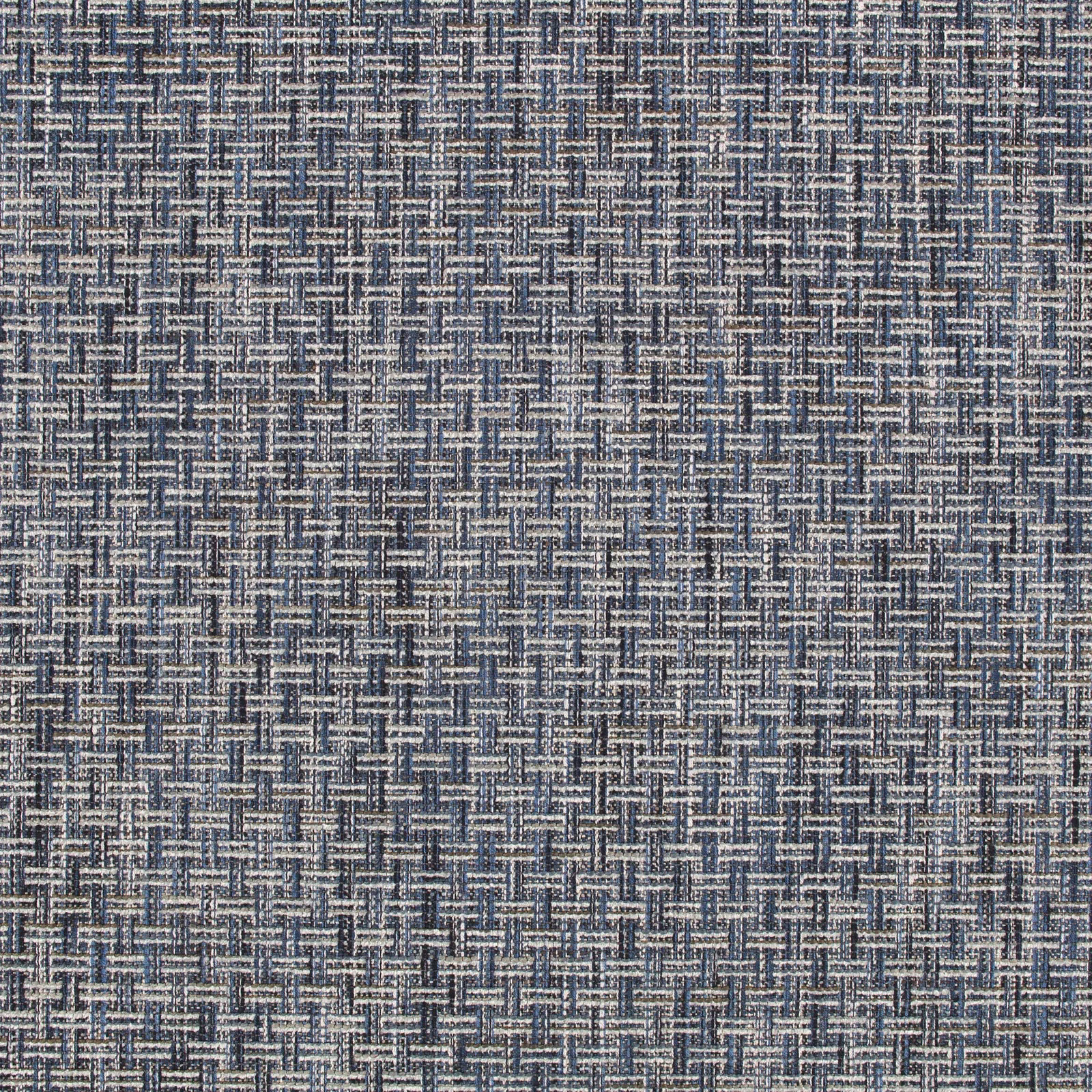 Muted Delft blue woven swatch with charcoal bars and pale flecked texture