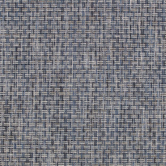 Muted Delft blue woven swatch with charcoal bars and pale flecked texture
