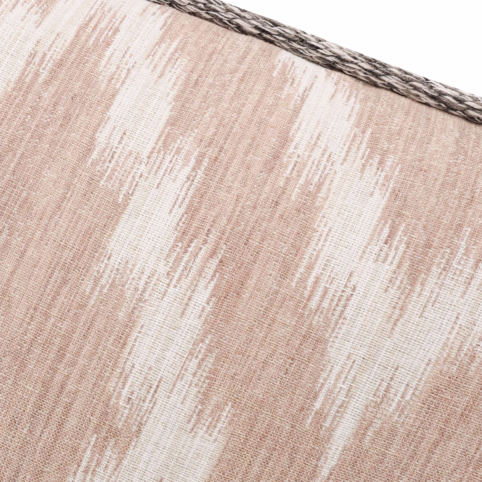 Blush-pink woven cushion fabric with cream-white irregular vertical streaks