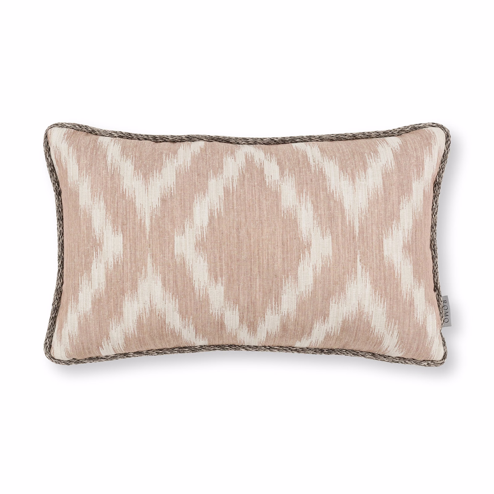 Blush-taupe woven fabric with ivory broken diamond motif and subtle vertical texture