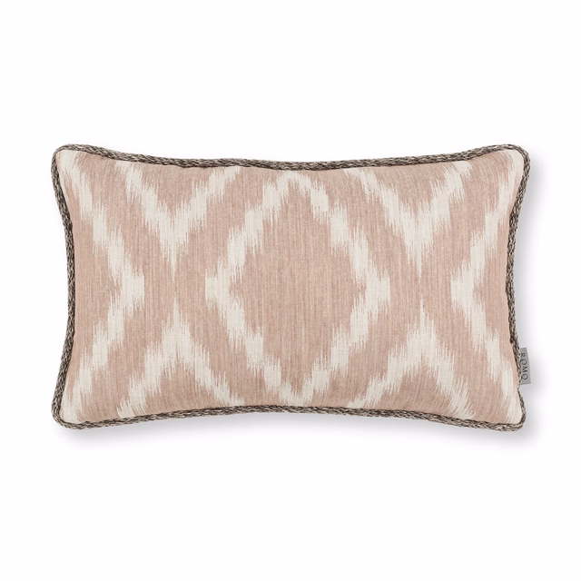 Blush-taupe woven fabric with ivory broken diamond motif and subtle vertical texture