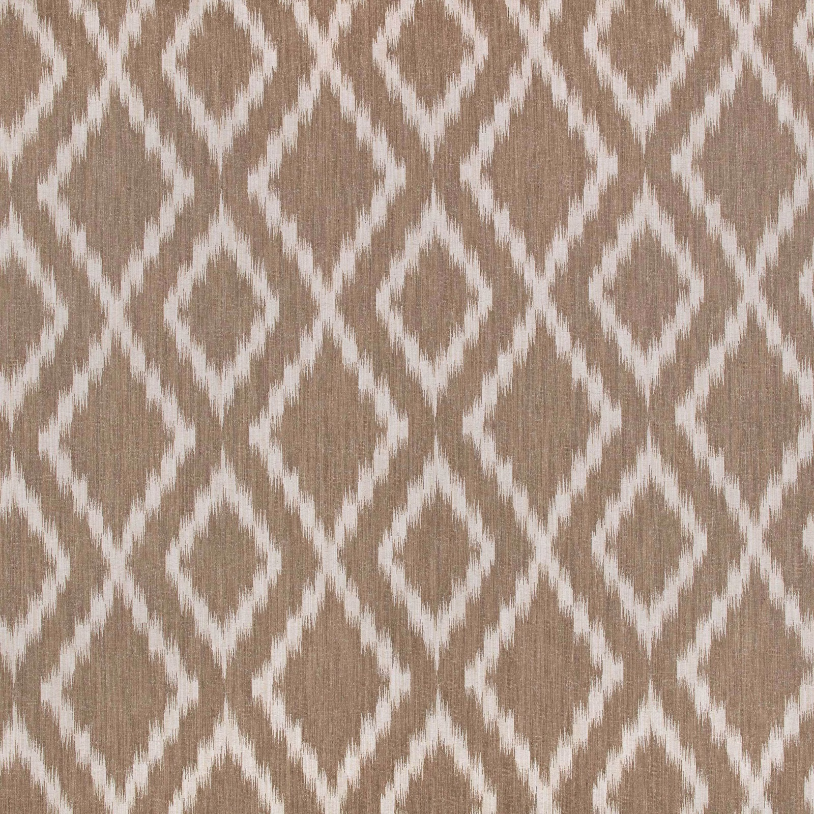 Warm oatmeal woven textile with ivory ikat diamonds and a softly brushed grain
