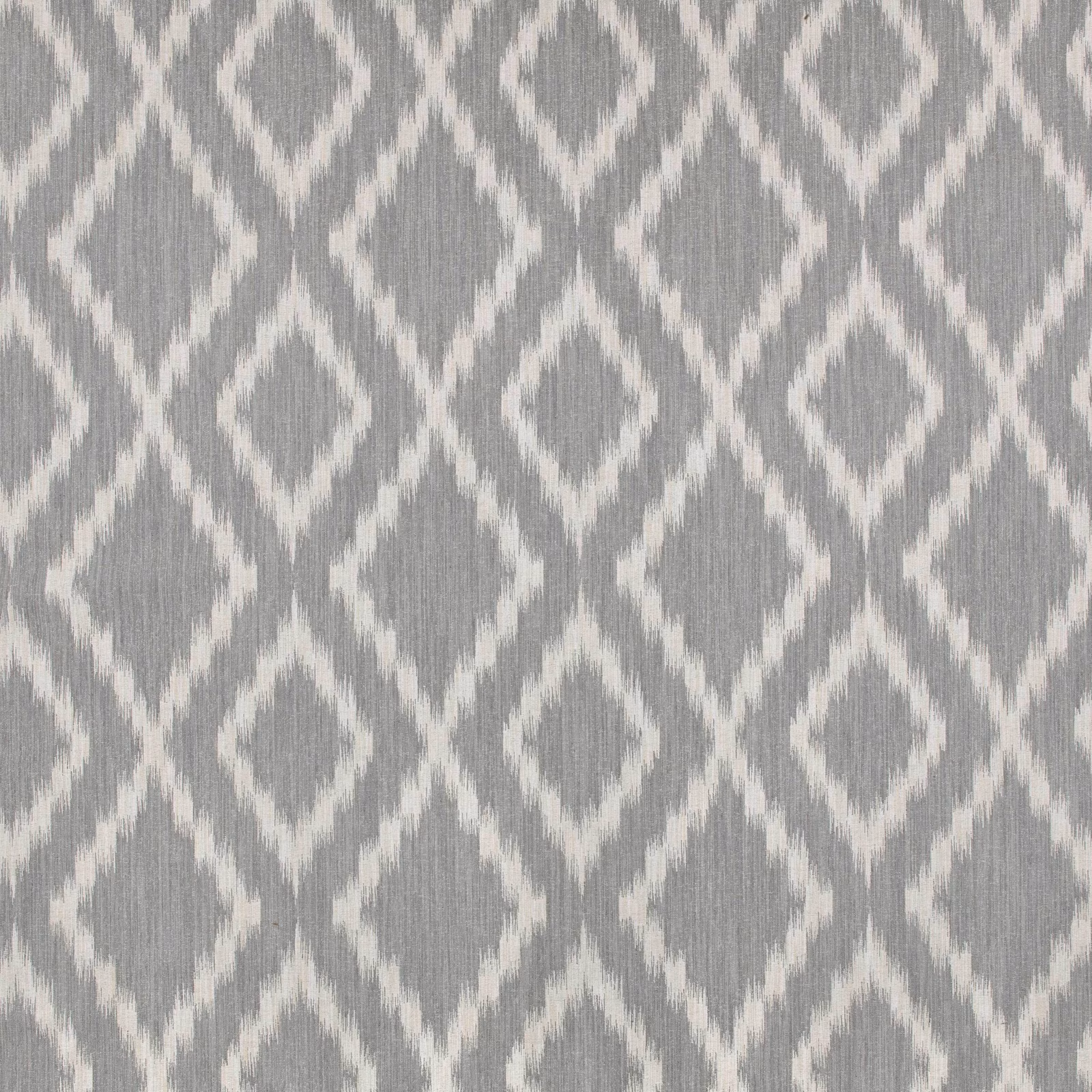 Silver-blue woven fabric with ivory ikat diamonds and softly striated texture