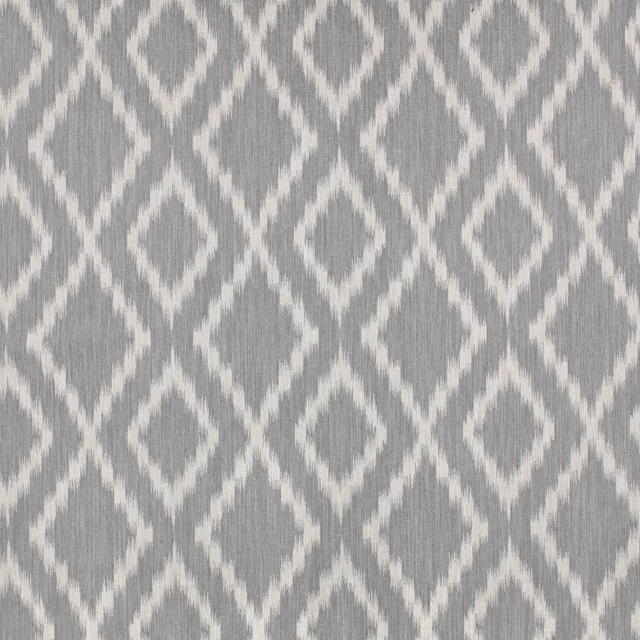 Silver-blue woven fabric with ivory ikat diamonds and softly striated texture