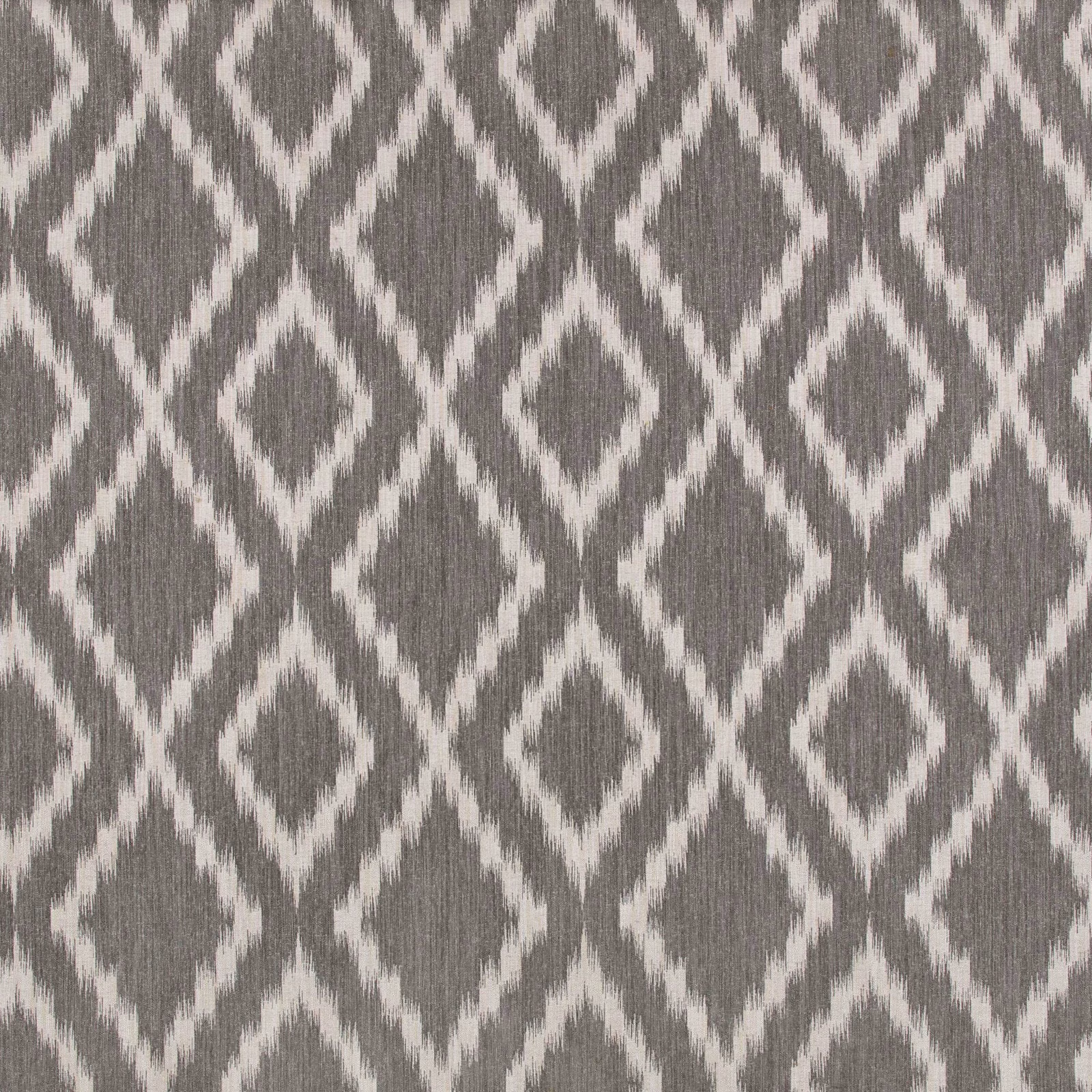 Taupe-grey woven fabric with ivory, softly irregular ikat diamonds and vertical slub texture