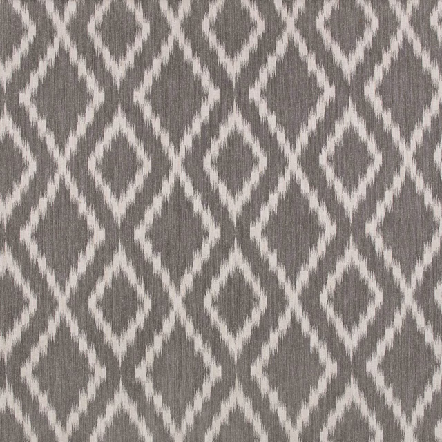 Taupe-grey woven fabric with ivory, softly irregular ikat diamonds and vertical slub texture