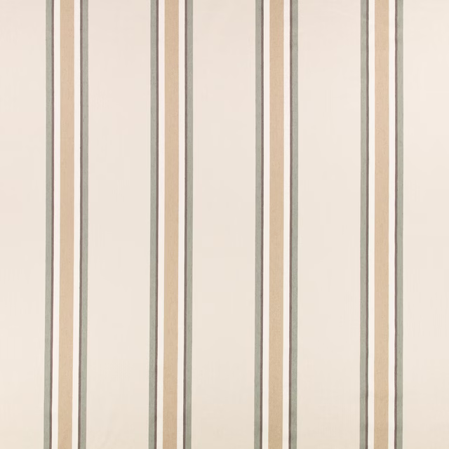 Warm almond fabric with slim sage and taupe vertical stripes in a fine weave
