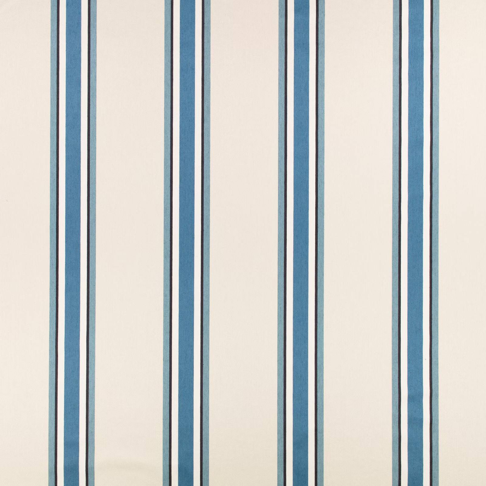 Cool blue vertical stripes on a warm ivory, subtly textured fabric swatch
