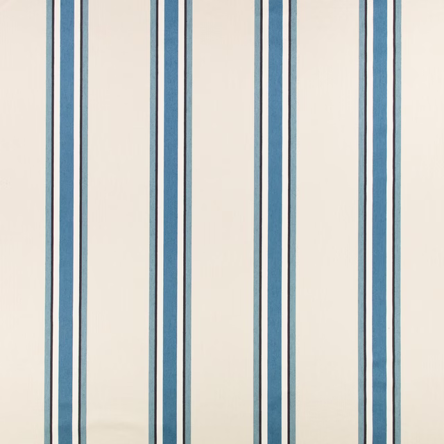 Cool blue vertical stripes on a warm ivory, subtly textured fabric swatch