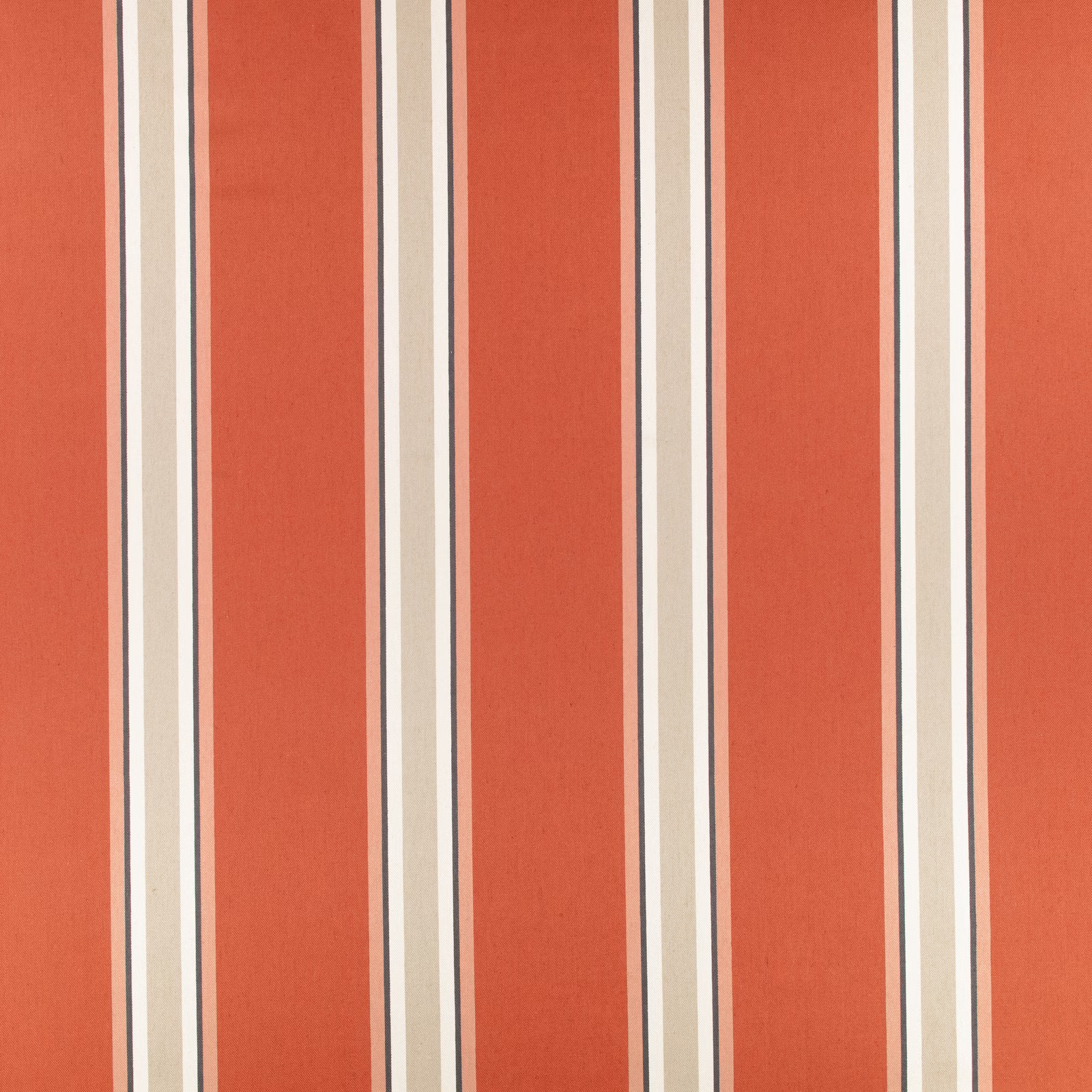 Warm russet terracotta fabric with vertical cream, grey and dark red stripes